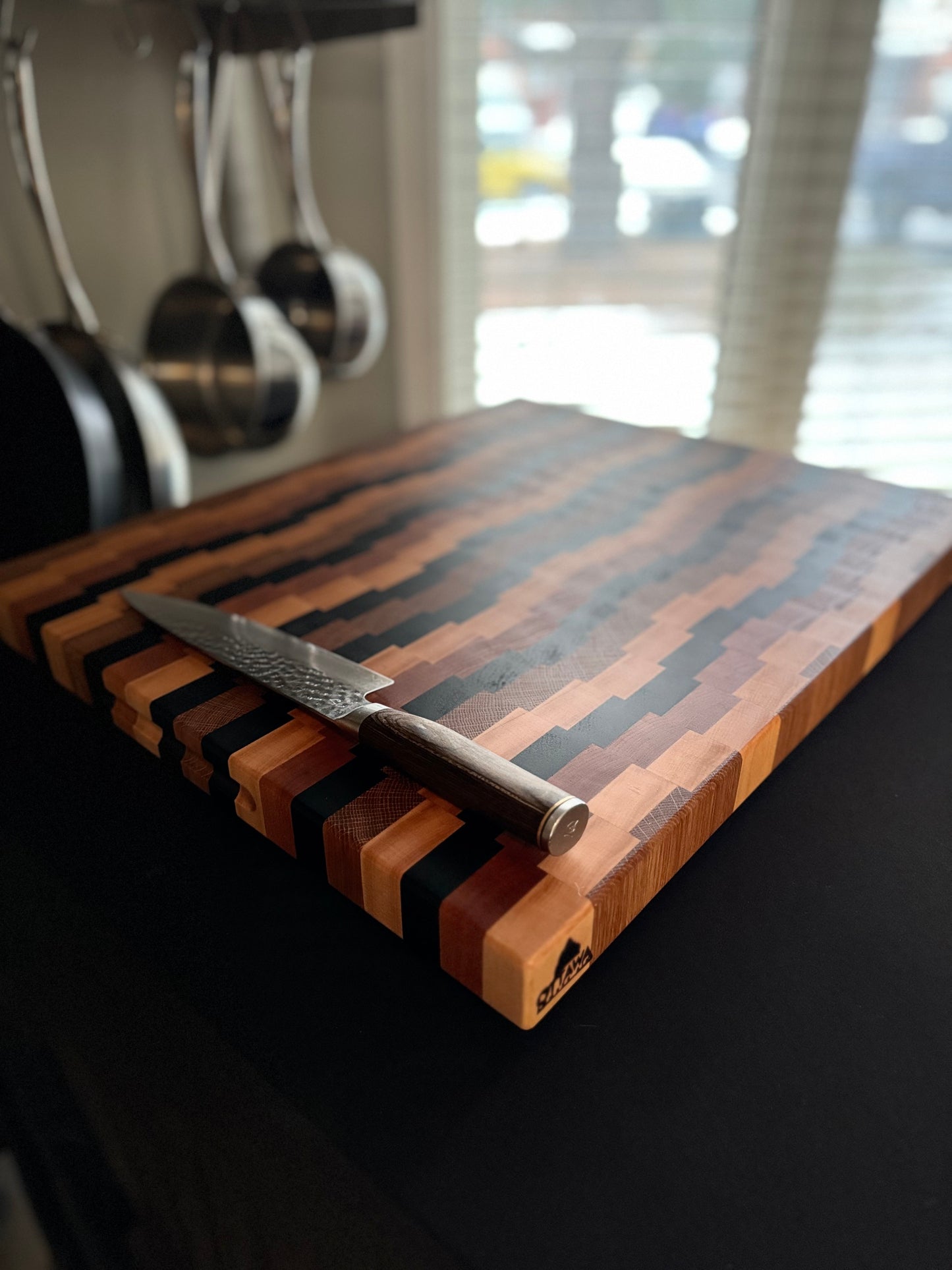 "WAVERLEY" MAPLE+WALNUT+CHERRY+WHITE OAK END GRAIN CUTTING BOARD