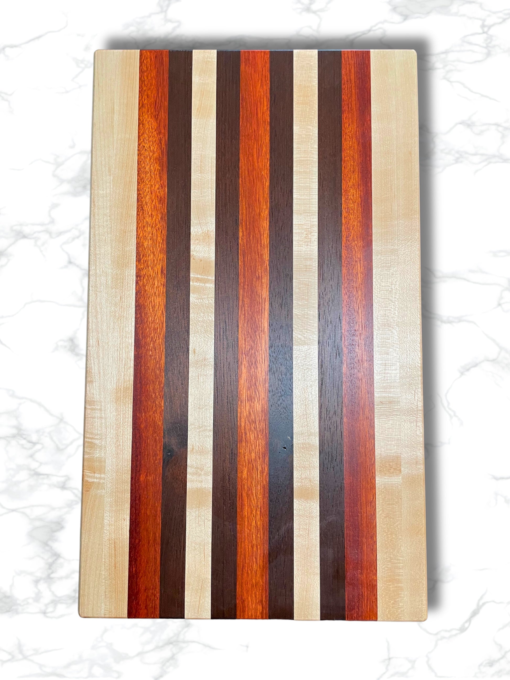 custom edge grain charcuterie red zebrawood maple walnut, front view