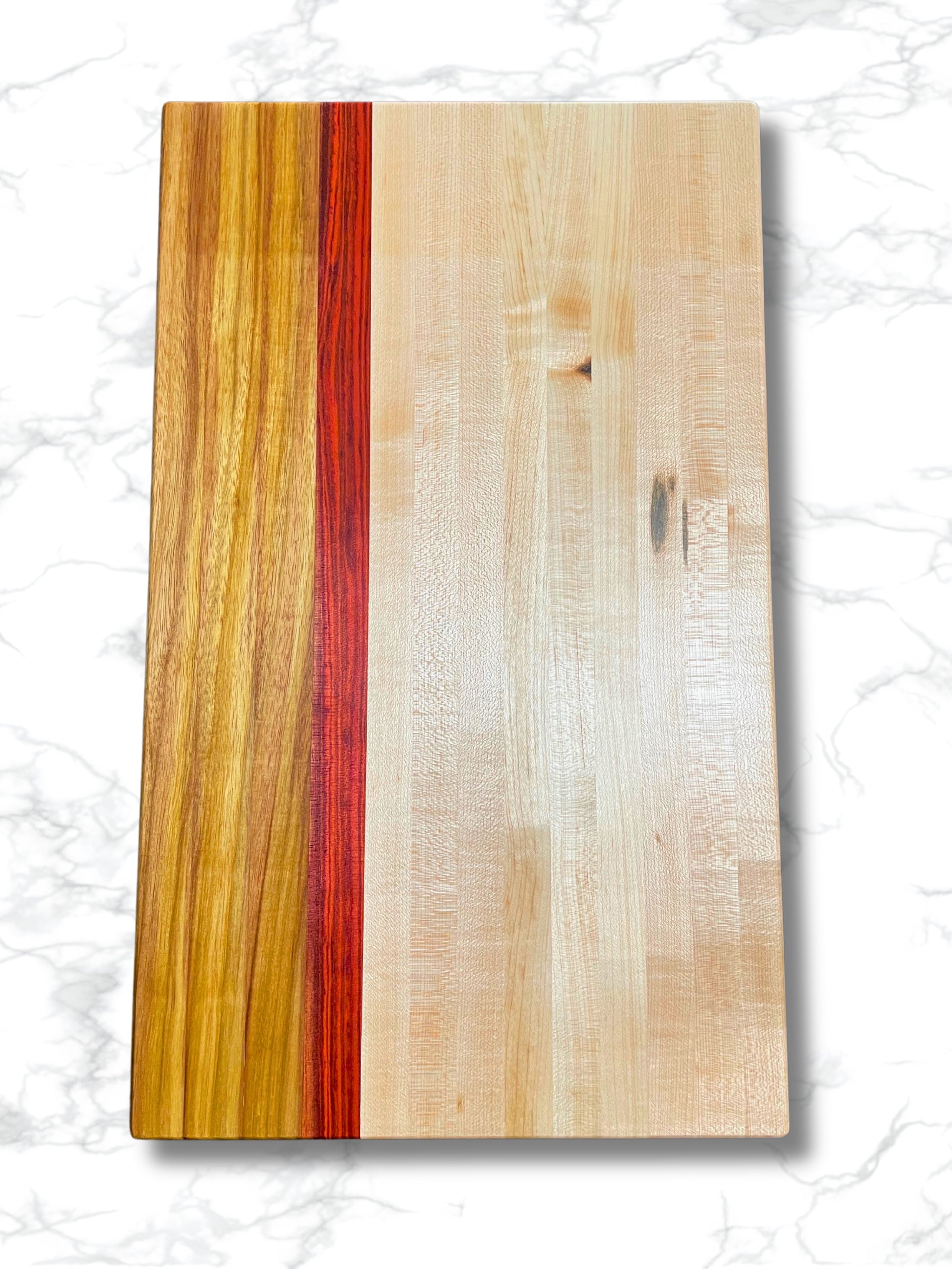 custom edge grain charcuterie board wood maple heartwood black limba, top view