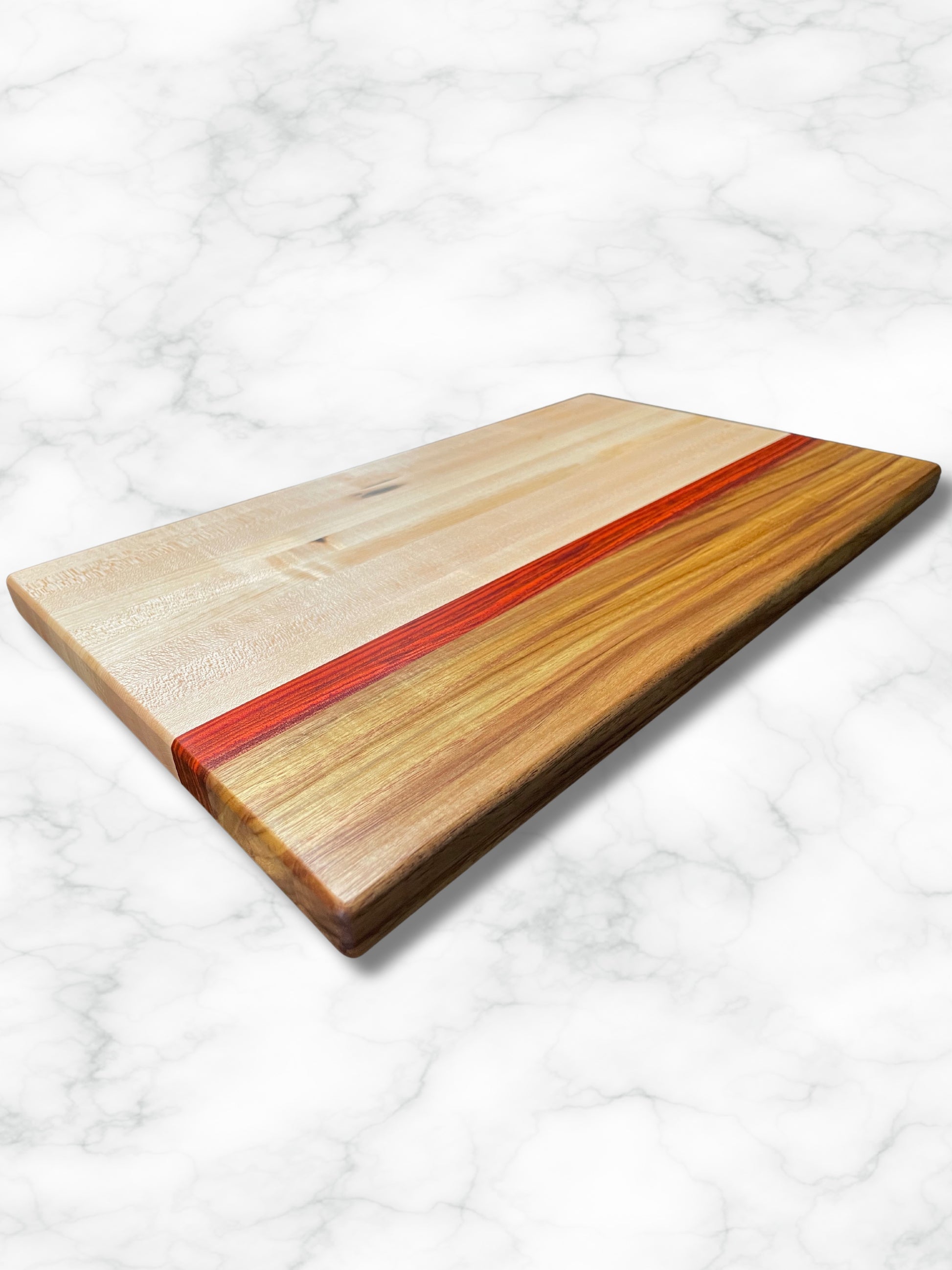 custom edge grain charcuterie board wood maple heartwood black limba, side view