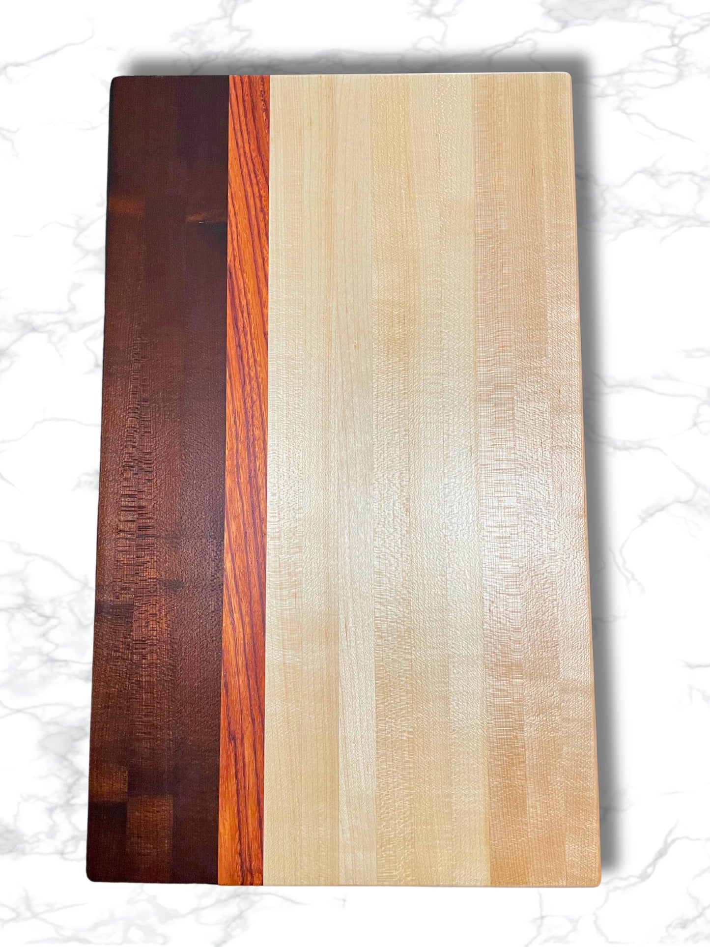 custom edge grain charcuterie red zebrawood maple toasted maple, top view