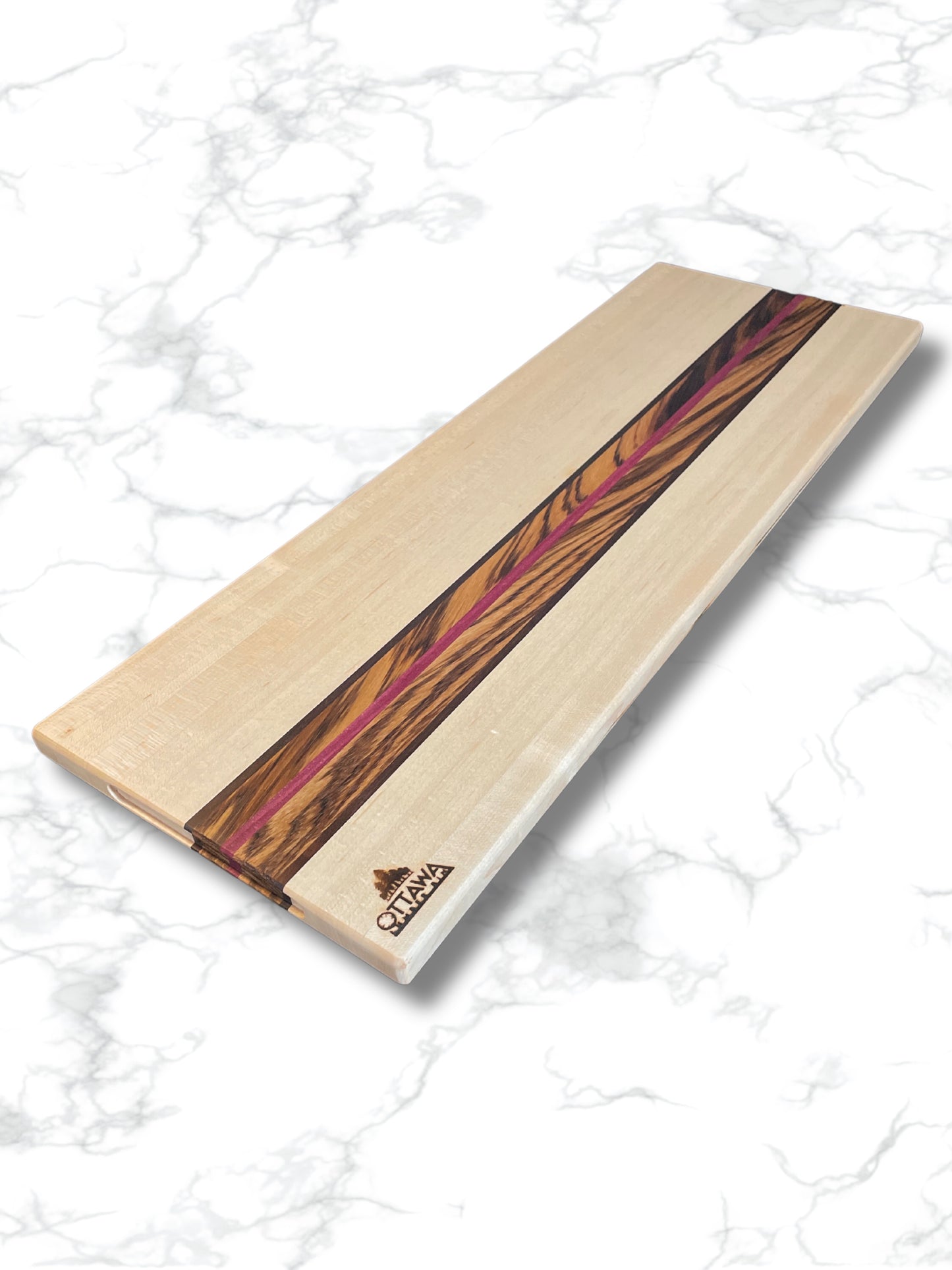 "ZEPHYR" MAPLE+ZEBRAWOOD+TOASTED MAPLE/PURPLEHEART HORIZON CHARCUTERIE BOARD