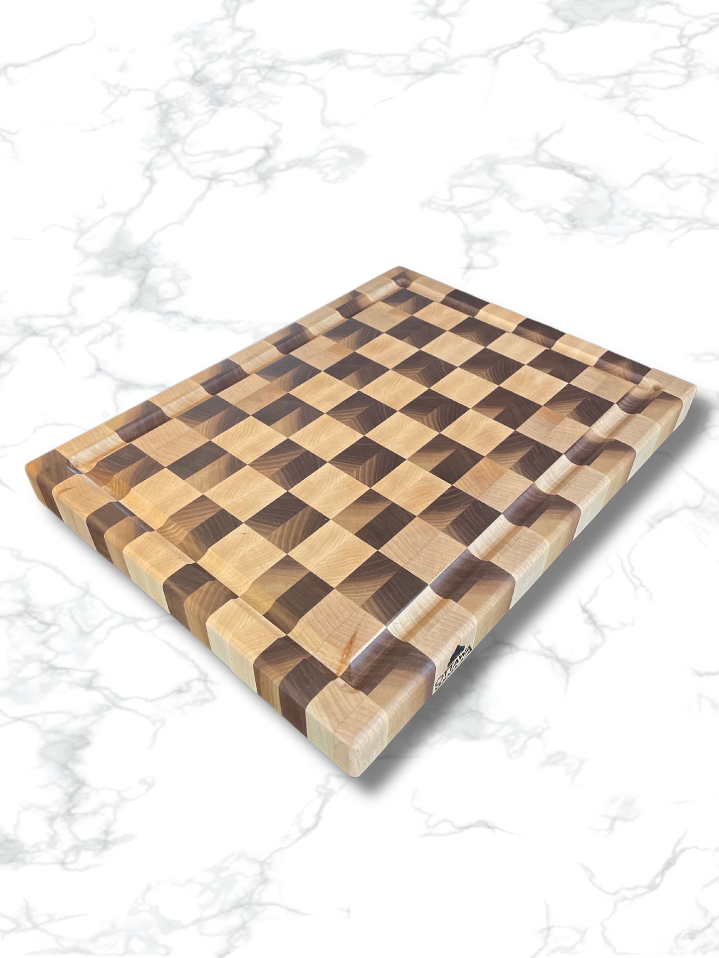 handmade end grain maple walnut wood cutting board, side view