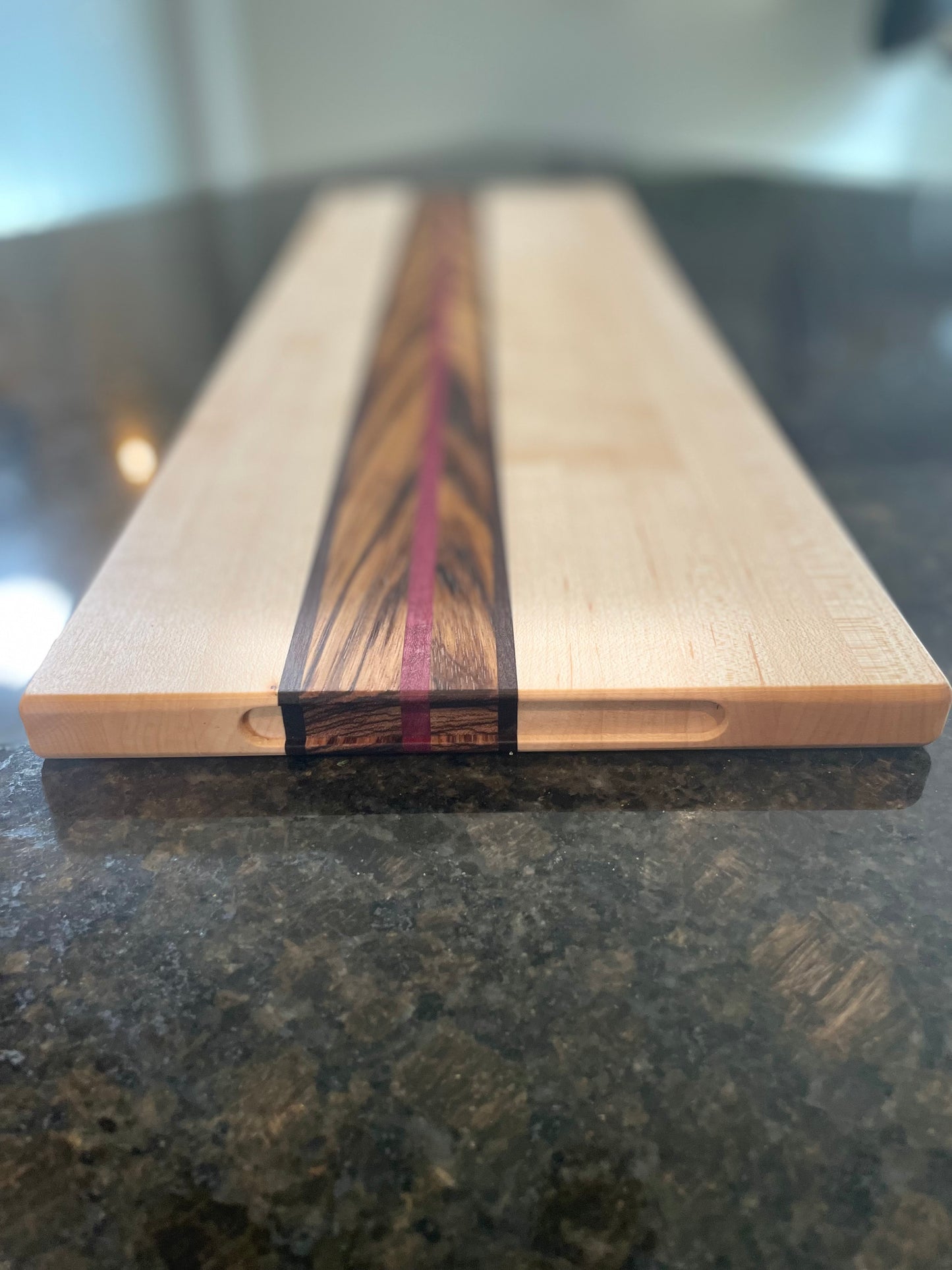 "ZEPHYR" MAPLE+ZEBRAWOOD+TOASTED MAPLE/PURPLEHEART HORIZON CHARCUTERIE BOARD