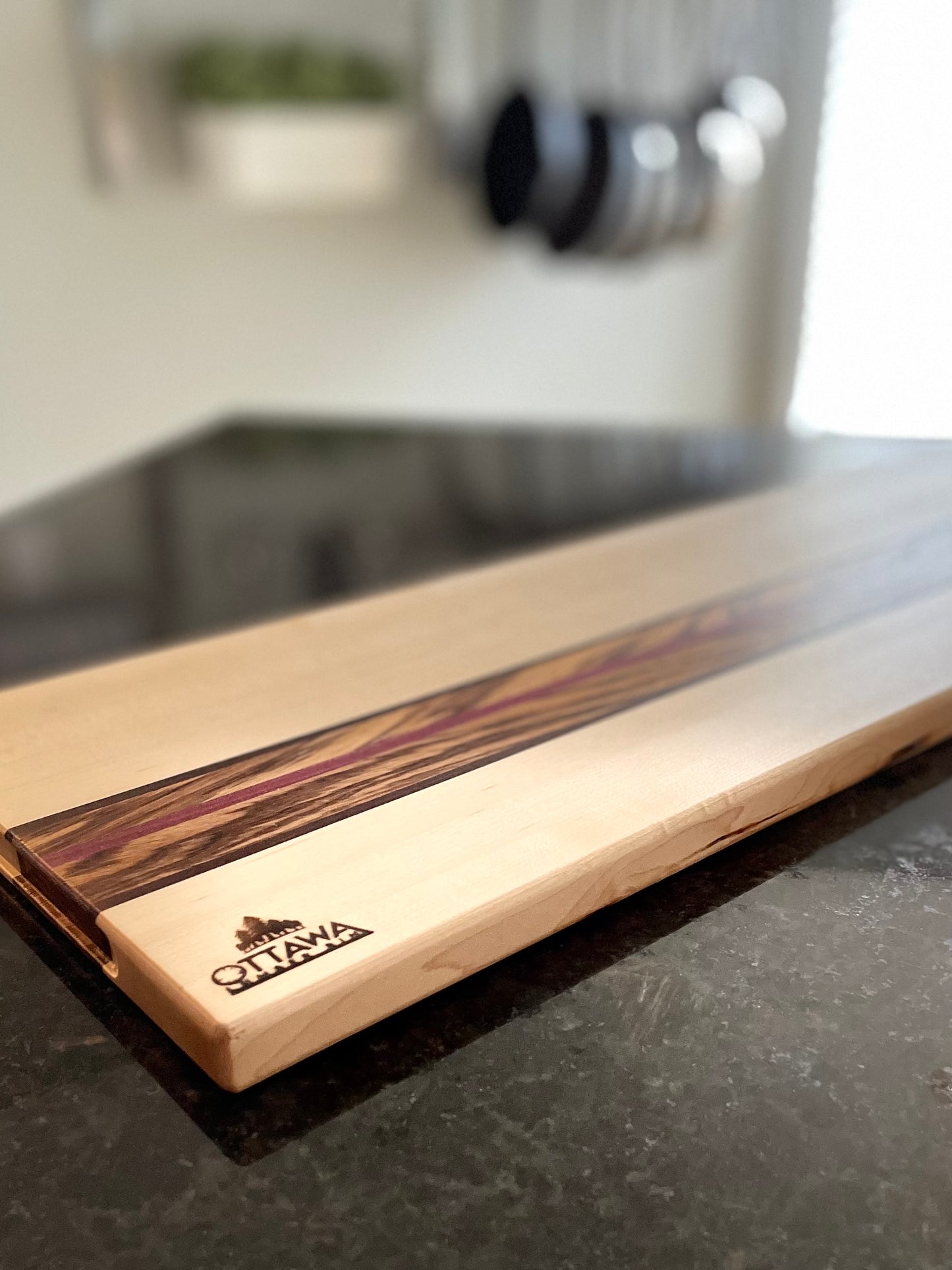 "ZEPHYR" MAPLE+ZEBRAWOOD+TOASTED MAPLE/PURPLEHEART HORIZON CHARCUTERIE BOARD