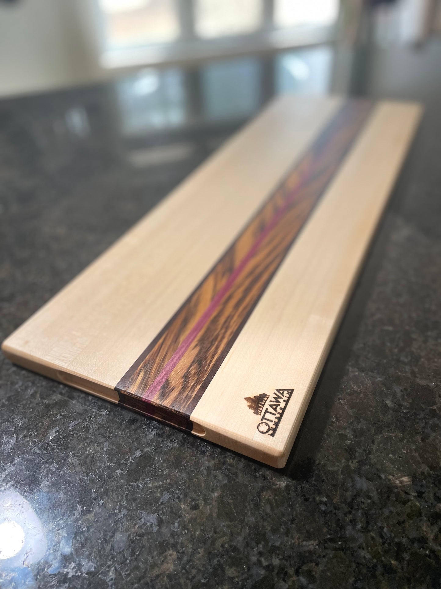 "ZEPHYR" MAPLE+ZEBRAWOOD+TOASTED MAPLE/PURPLEHEART HORIZON CHARCUTERIE BOARD