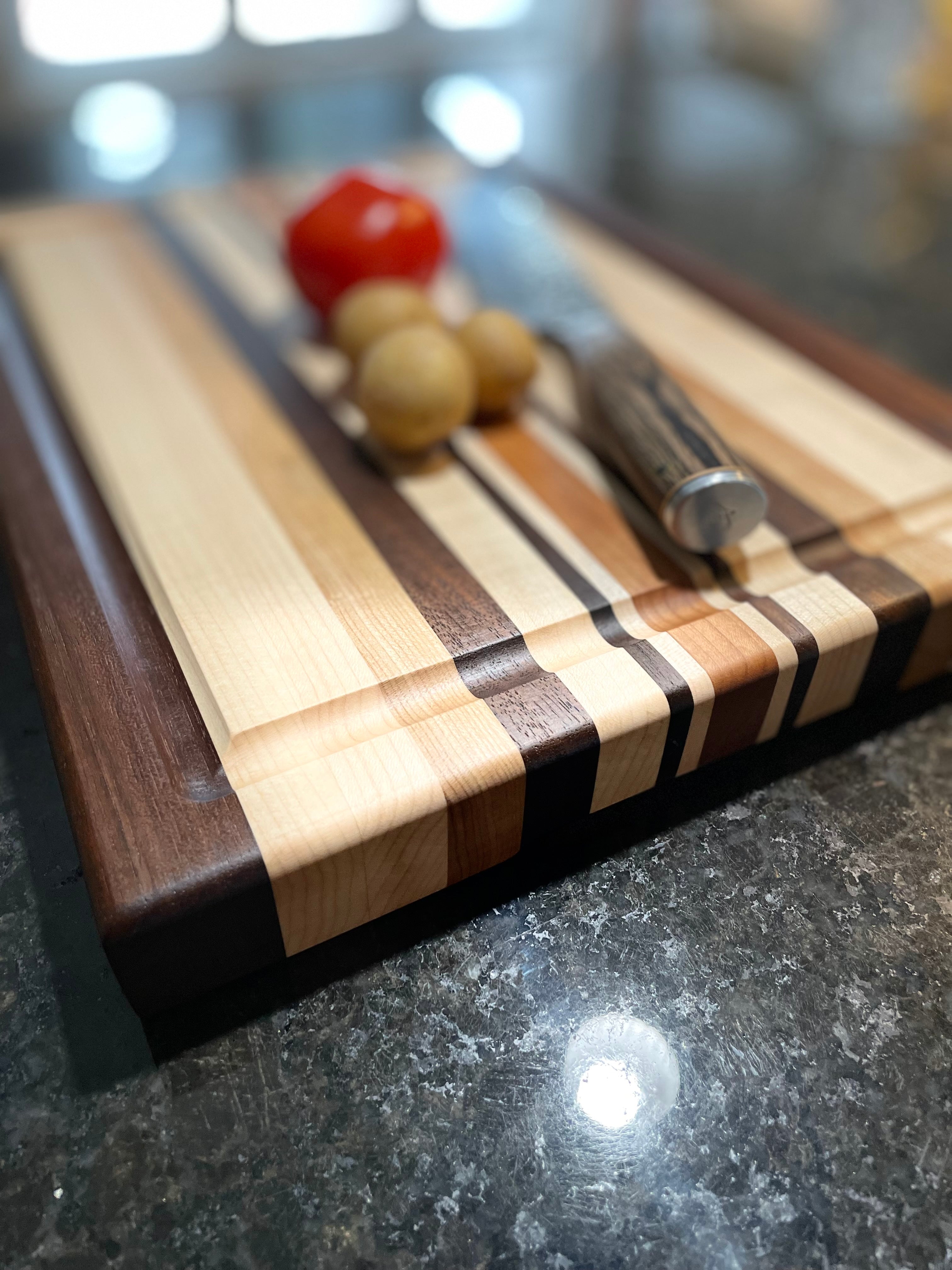 Edge Grain Cutting Board | Cherry and Walnut | 14 x 10 | Pencil outlet Stripes